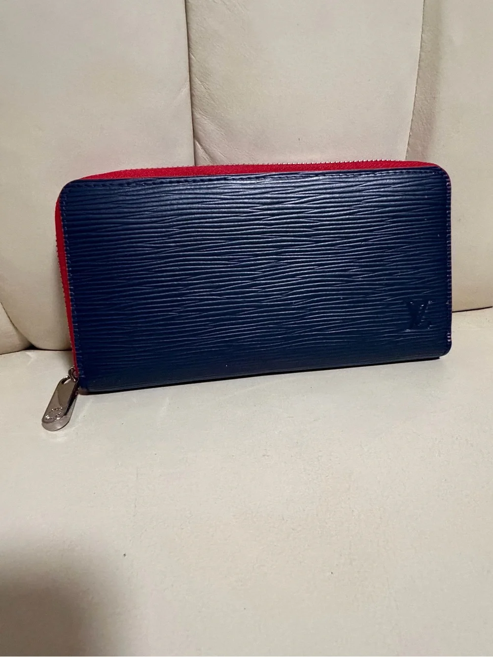 Louis Vuitton Navy Leather Zip Wallet with Red Trim